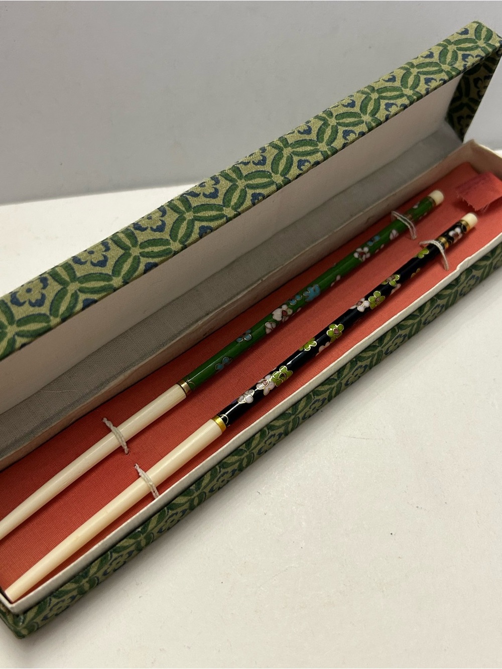Vintage Chopstick Set Cloisonné Floral with Original Box 2 Sticks